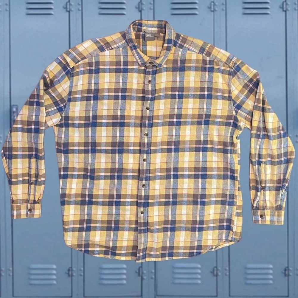 ASOS Flannel Plaid Button Up Shirt 90s Grunge Style Mens Large Yellow Blue Aged